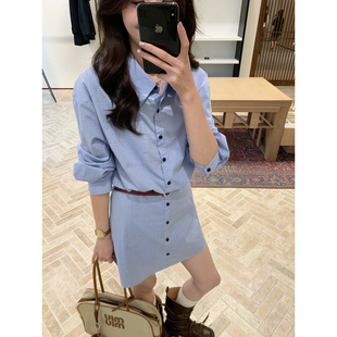 Even一雯【东京时区】韩系高智感灰蓝色格纹翻领长袖衬衫裙带皮带