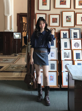 Even一雯【摩登旧事】韩系高智感早秋新品A摆高腰短款半身裙皮带