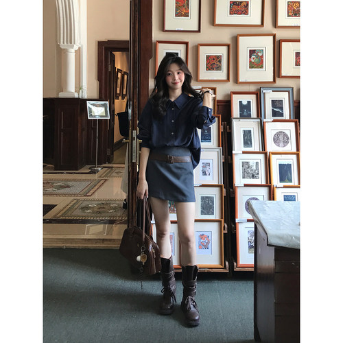 Even一雯【摩登旧事】韩系高智感早秋新品A摆高腰短款半身裙皮带