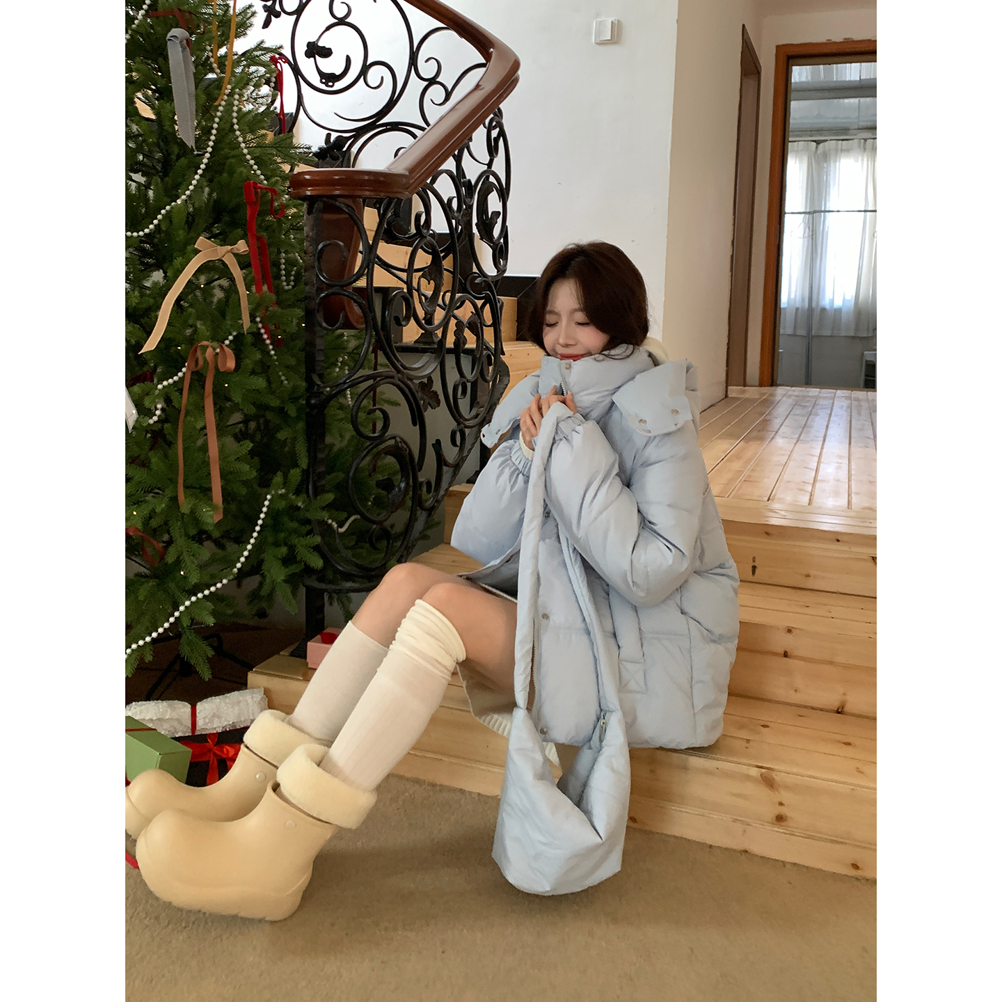 Even一雯【晴空蔷薇】韩系高智秋冬温柔蓝粉连帽中长款棉服带挎包