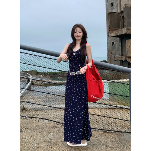 碎花连衣裙女夏拼接蕾丝边无袖