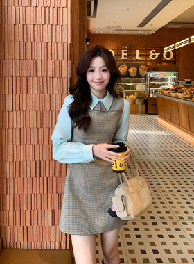 Even一雯【海盐胶片】韩系高智秋冬撞色拼接格纹气质假两件连衣裙