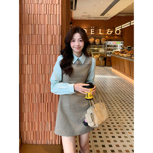 Even一雯 韩系高智秋冬撞色拼接格纹气质假两件连衣裙 海盐胶片