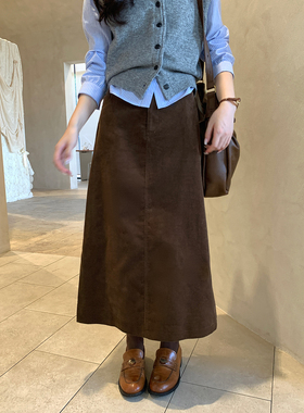 Even一雯【栗子蛋糕】韩系高智不露腿穿搭气质灯芯绒咖色半身长裙