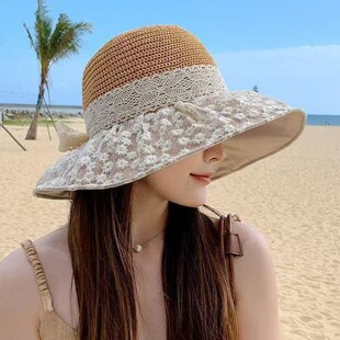 可折叠大帽檐蕾丝雏菊彩胶帽 海边度假防晒遮阳草帽时尚 2024款 夏季