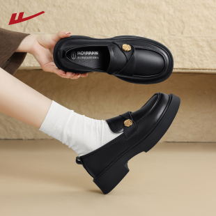 厚底乐福鞋 女软底单鞋 2025秋季 山茶花黑色通勤小皮鞋 新款 回力女鞋