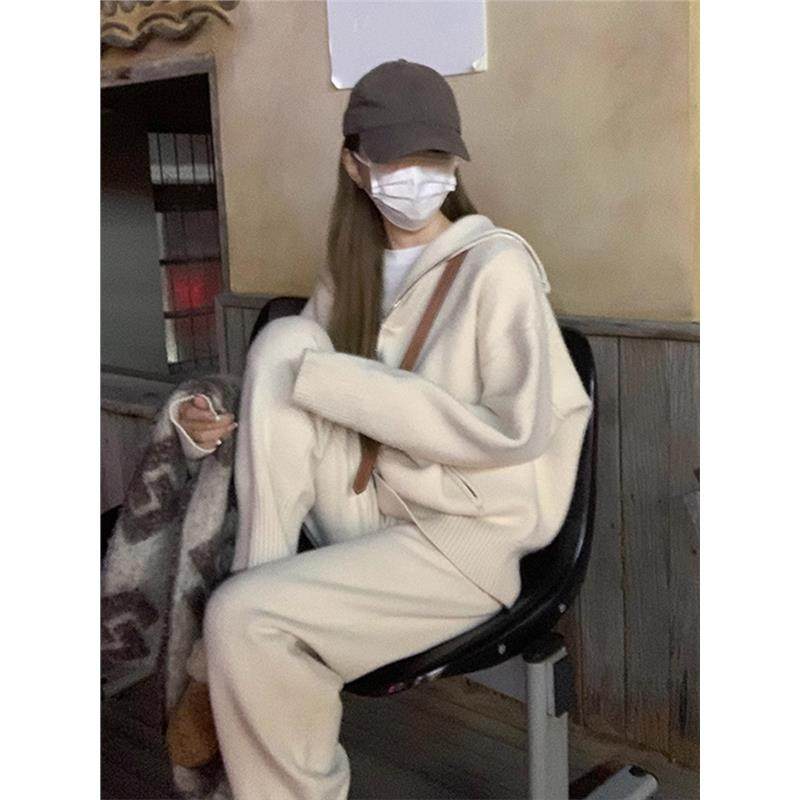 高级感温柔韩系气质名媛休闲时尚白色毛衣阔腿裤两件套装女秋冬装