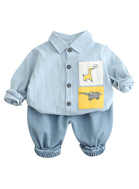 三折品牌撤柜童装秋季新品男童韩版新款衬衫长袖长裤套装227301