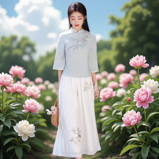 2025新款 女士旗袍两件套夏 茶服女禅意文艺民国风小个子中国风中式