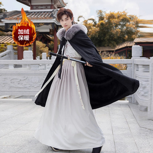 古风汉服男款冬季龙年拜年服中国风长款刺绣加绒连帽保暖斗篷外套