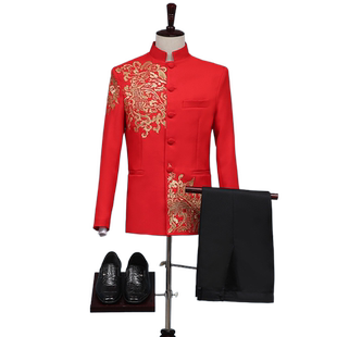 新中式唐装中国风中山装高档男春秋婚礼主持人司仪大合唱演出服装