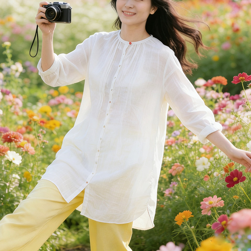 薄款亚麻衬衫 轻奢高级感开衫上衣女 春夏款中款宽松休闲白色衬衫