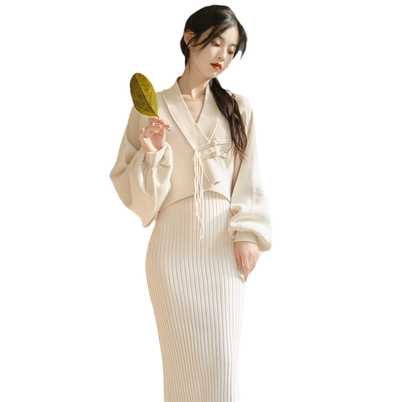 【清仓】冬季新中式改良小香风毛衣针织旗袍连衣裙外套外搭套装女