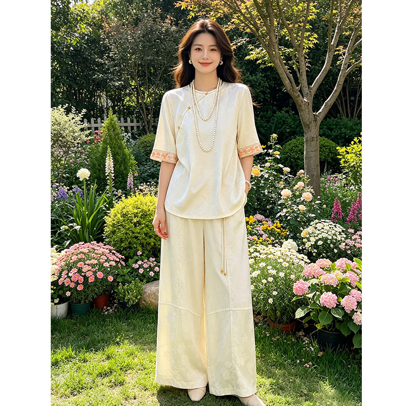 新中式国风套装女装夏2026新款轻国风衣服醋酸裤子上衣女高端短袖