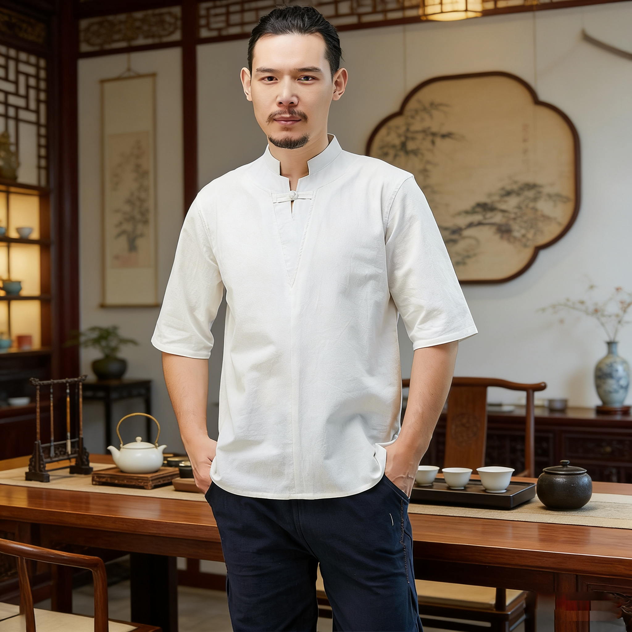 短袖男t恤白色棉麻新中式夏季华服中国风纯色高端亚麻上衣日常款