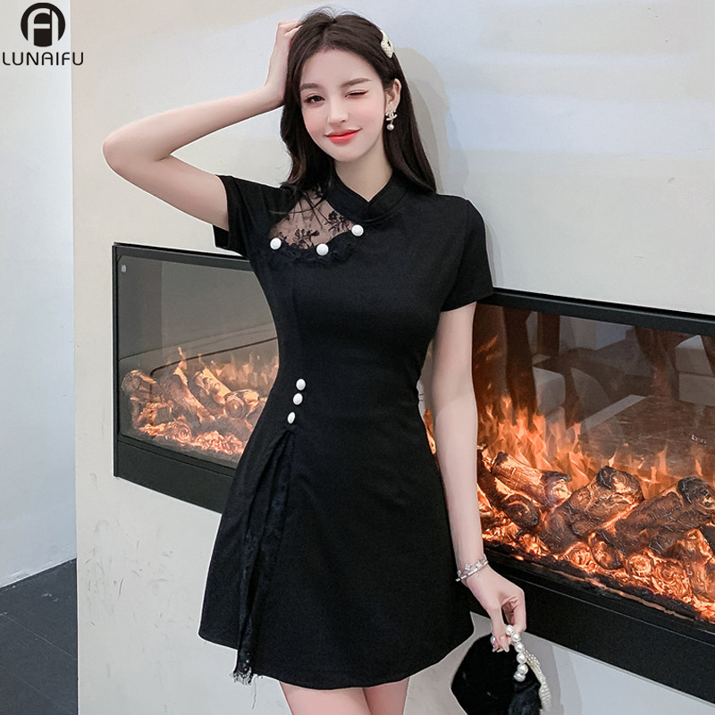 少女年轻款时尚气质改良旗袍小个子微胖盘扣蕾丝拼接短裤裙套装夏