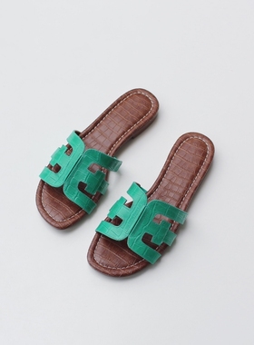 BUBBLE 新款简约平底舒适凉人鱼同款真皮绿色拖鞋