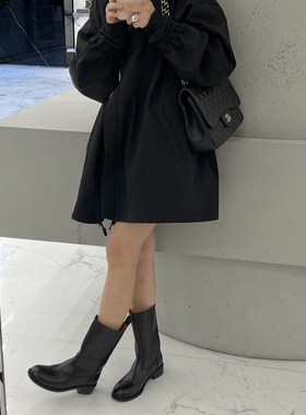 BUBBLE HANDMADE2022新款 宽筒牛皮中筒套筒短靴低跟靴子