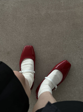 BUBBLE HANDMADE春夏大红色拼色真皮漆皮玛丽珍平底单鞋红色