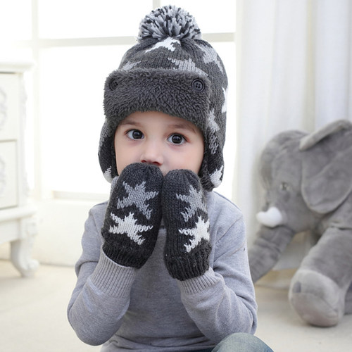 儿童冬季线帽灰底星星护耳风雪帽