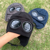 日系儿童线帽冬季 男童女童针织帽飞行员墨镜毛线帽套头护耳冷帽