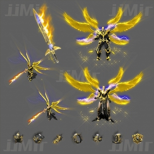 传奇剑甲素材 复古沉默 六翼黑金 男女衣服武器首饰套PNG格式