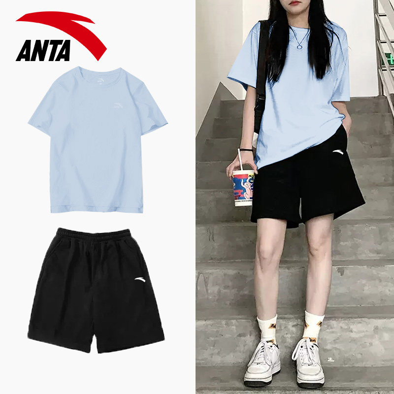 安踏休闲套装女夏季蓝色新款学生宽松休闲情侣运动短袖短裤两件套