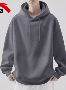安踏连帽卫衣男款长袖2026春季新款灰色宽松休闲上衣百搭刺绣外套