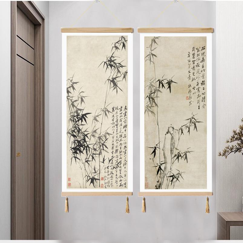 新中式郑板桥竹石挂画现代书房办公室荷花竖版长条高级感装饰画图片