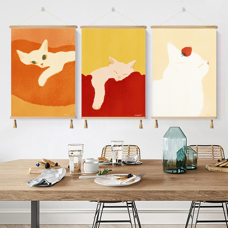 奶油风可爱猫咪儿童房装饰画客厅餐厅沙发背景挂画慵懒小猫背景画图片