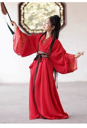 高端红色战国袍女童汉服直裾传统交领复原款古装儿童中国风大袖衫