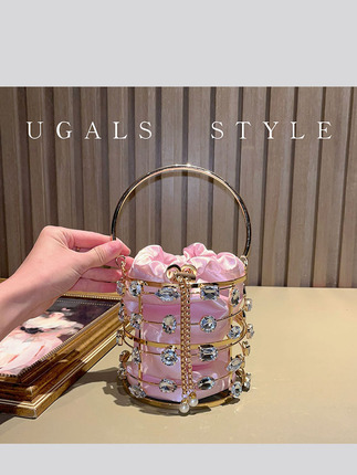 Ugals Niche Diamond-Encrusted Metal Hollow-Out Rhinestone Bucket Bag with Chain, Hand-Held, Crossbody Small Bag