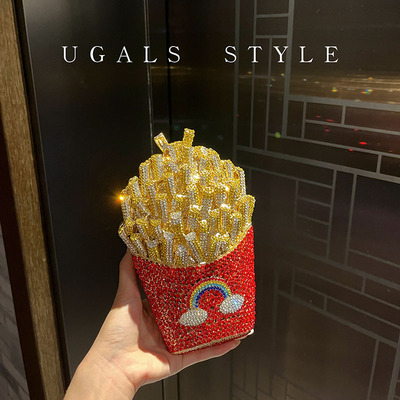UGALS立体彩虹气质百搭水钻满钻闪亮不灵薯条盒子宴会手拿斜挎包