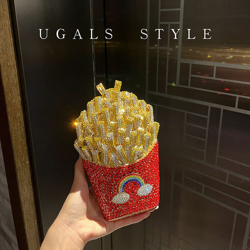 UGALS立体彩虹气质百搭水钻满钻闪亮不灵薯条盒子宴会手拿斜挎包