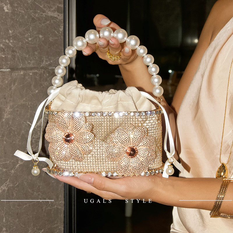 UGALS法式复古小众设计鸟笼花朵水钻珍珠宴会气质百搭单肩手提包