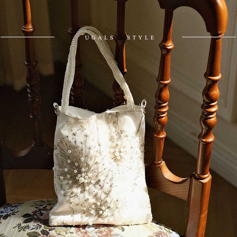 UGALS法式仙女蕾丝珍珠丝绸缎面珍珠托特托特水桶刺绣单肩手提包