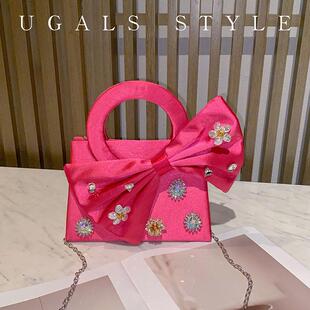 UGALS仙女圆环宝石闪亮不灵蝴蝶结丝绸宴会小方包马鞍手拿斜挎包
