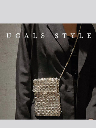Ugals Retro Metal Shiny Hand-Woven Beaded Pearl Small Square Bag Mobile Phone Bag Long Shoulder Strap Crossbody Small Bag