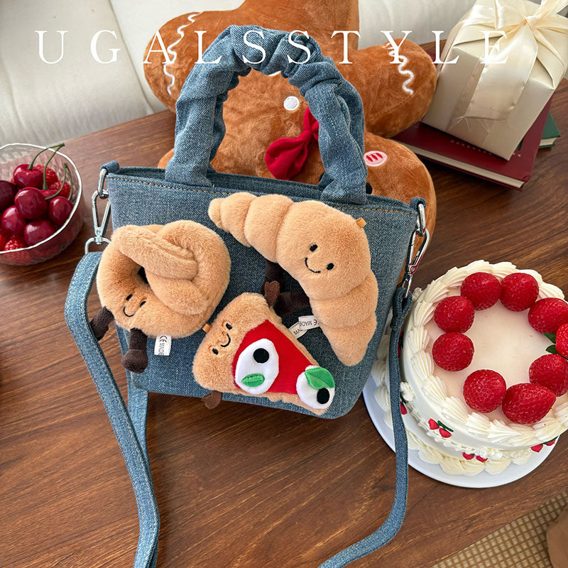 UGALS小众公仔可爱玩偶面包少女手提牛仔布菜篮子水桶手提斜挎包