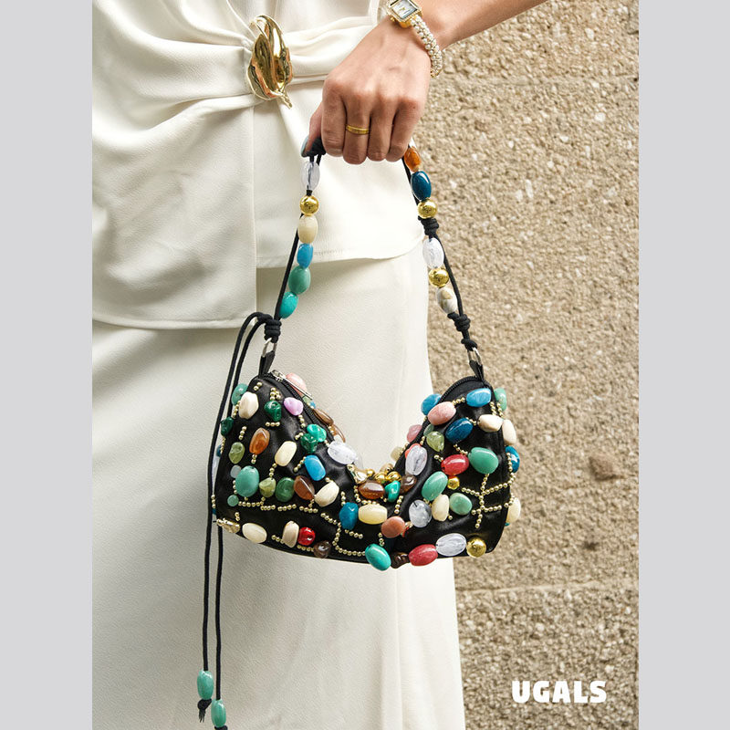 UGALS法式高级感轻奢彩色石头丝绸缎面托特枕头宴会腋下手拿包女