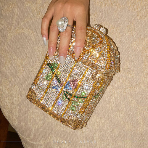 UGALS法式复古重工手工花朵水钻石珍珠时尚百搭迷你手拿斜挎小包