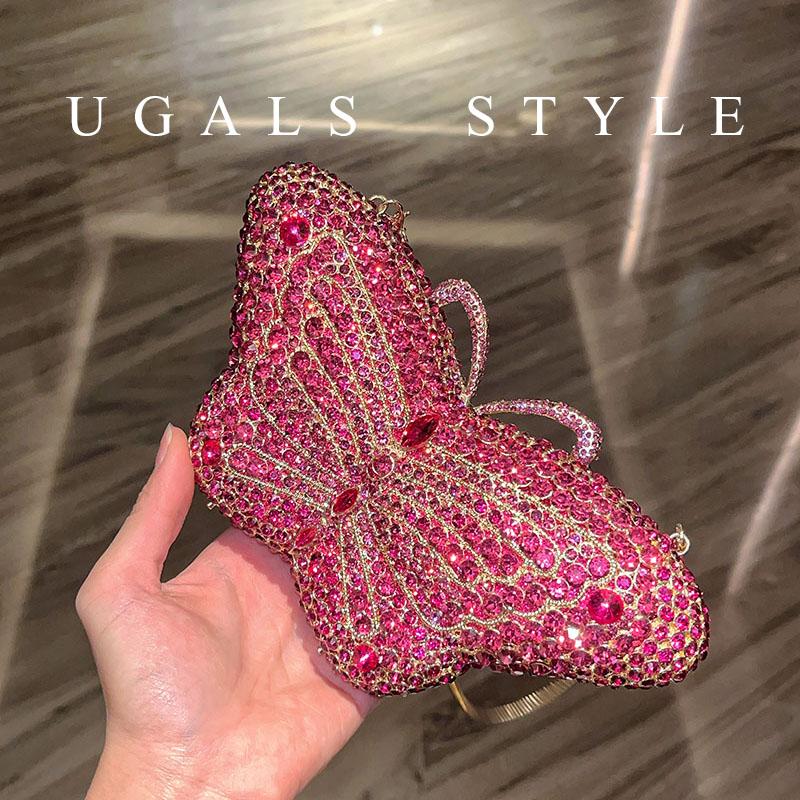 UGALS法式仙女水钻蝴蝶结闪亮不灵晚宴包金属链条迷你手拿斜挎包