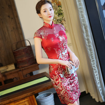 婚礼喜妈妈装夏季婚宴礼服 小个子短款绣花蕾丝喜婆婆敬酒旗袍裙