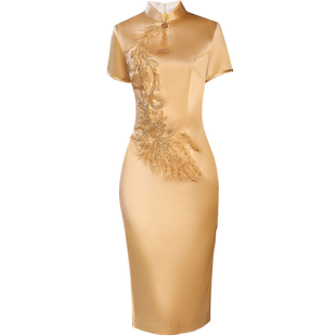 醋酸旗袍裙金黄色喜新娘年轻妈妈装婚服婚宴敬酒服日常高端礼服