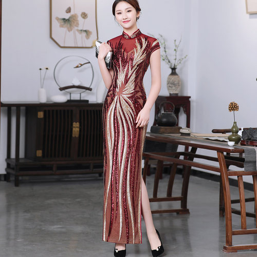 旗袍长款优雅舞台走秀演出服四季款闪闪亮片绣花新中式喜妈妈礼服 - 封面