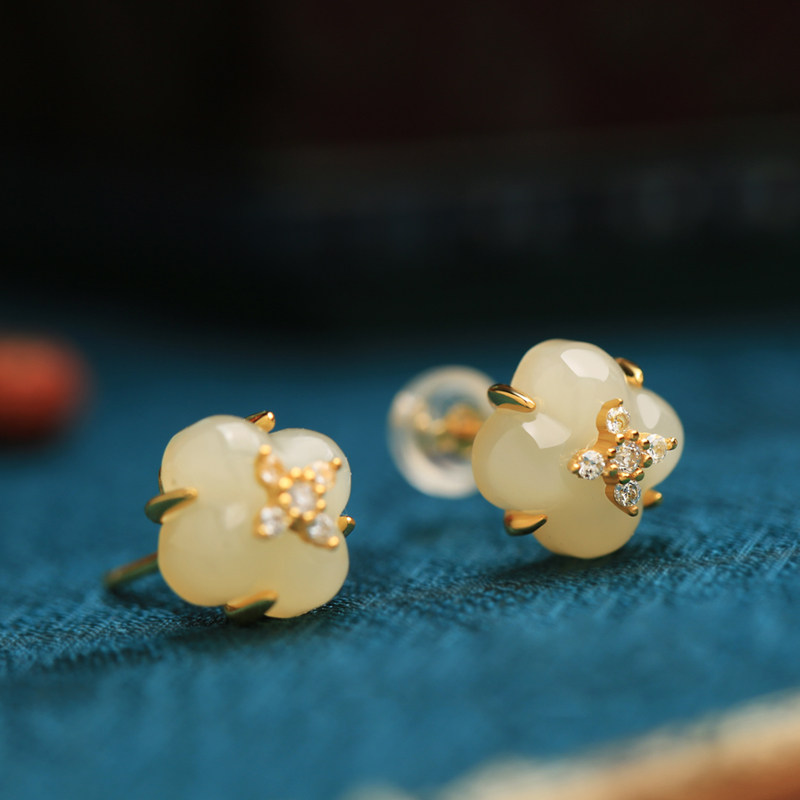 小银匠天然和田玉纯银四叶草耳钉女新中式高级玉石金镶玉耳饰耳环,饰品/流行首饰/时尚饰品新,耳钉,淘宝优惠券,粉丝福利购,淘宝优惠卷