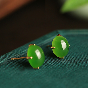 天然碧玉和田玉蛋面纯银耳钉女士新中式 高级绿色玉石阳绿耳环耳饰