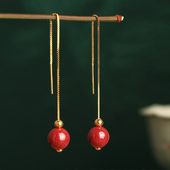 天然朱砂纯银耳线女红色复古流苏耳链耳坠耳环耳饰耳钉本命年礼物