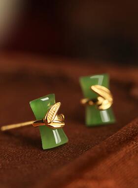 天然碧玉和田玉纯银竹节耳钉女国风绿色玉石新年过年耳饰耳环礼物