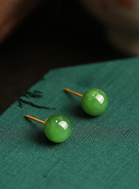 和田玉碧玉纯银耳钉女新中式国风绿色宝石新年过年礼物玉耳饰耳环